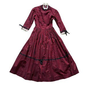 NWT L'Aiglon Cotton Fabric Striped Fit and Flare Midi Dress Women's Red Black